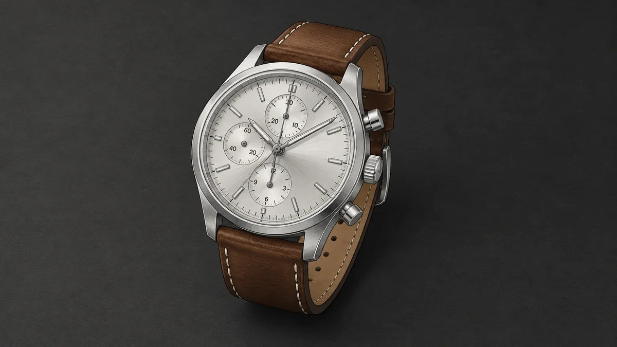 MSW-style automatic chronograph with a silver dial, stainless-steel case and brown aviator calf-leather strap
