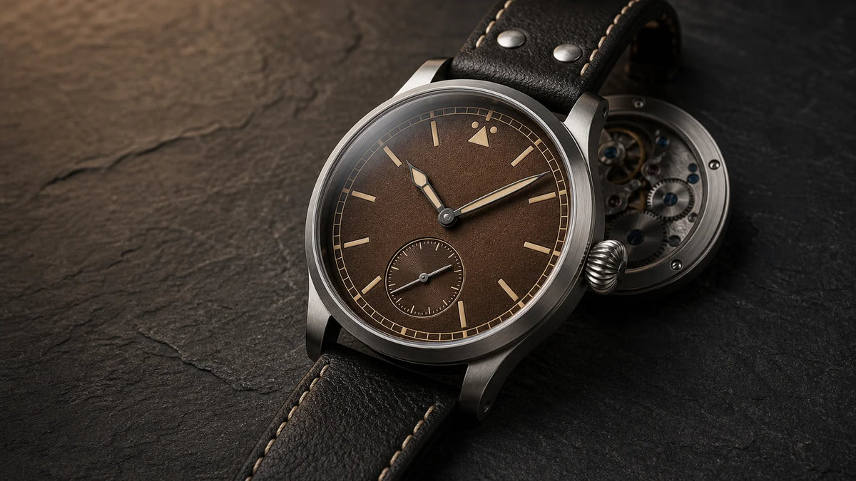 Large historically inspired mechanical watch with a brown dial, black leather strap and sapphire crystal on dark slate.