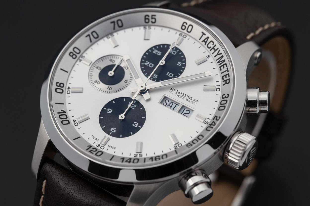 MSW Flanker W01 automatic chronograph dial close-up – Swiss Made watch buyer's guide 2026