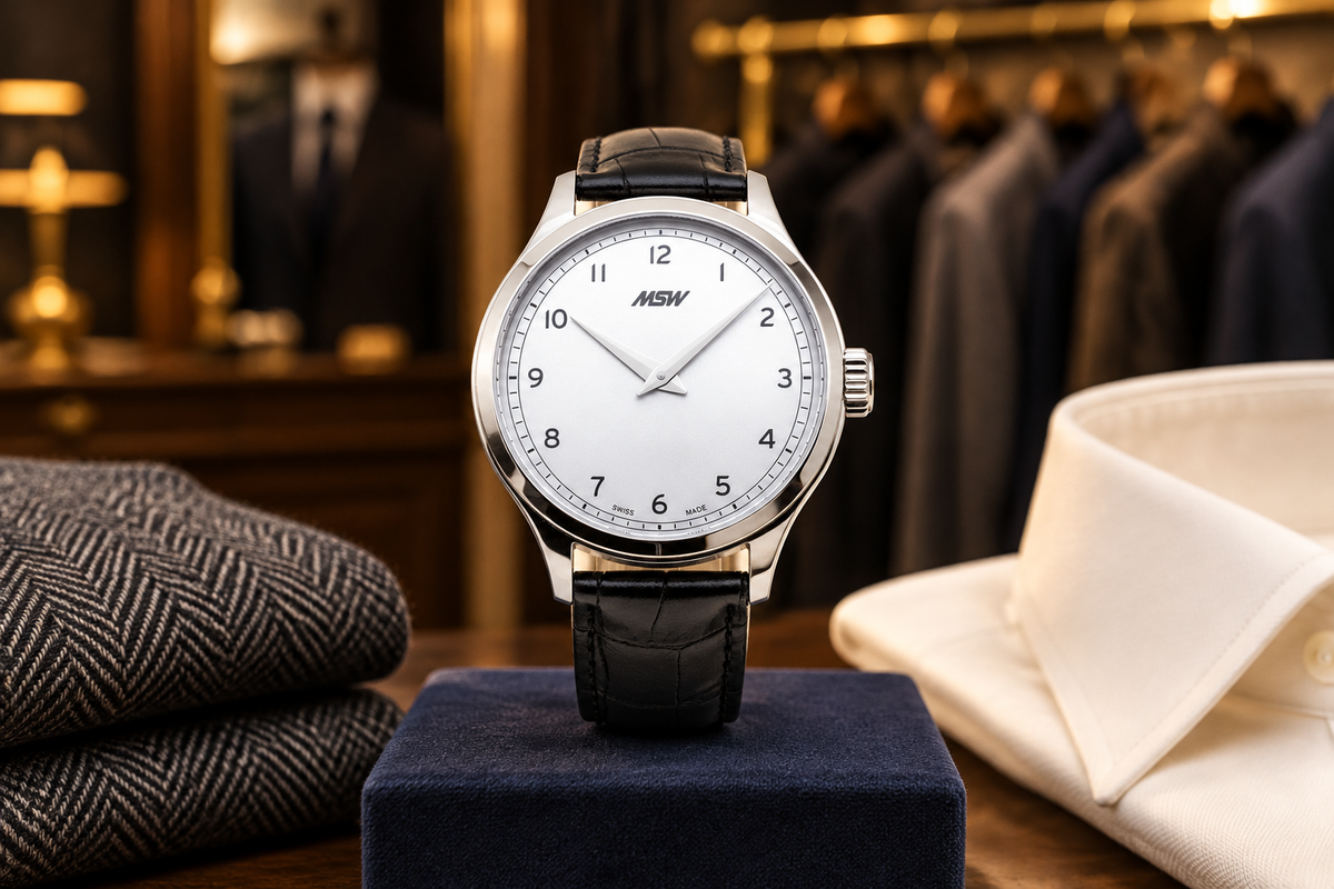 MSW Grandad's Line silver-dial watch with black leather strap displayed beside wool fabric and a shirt in a tailor's salon