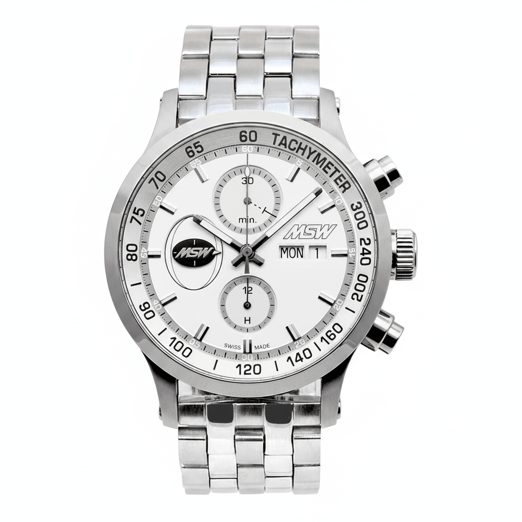 MSW Flanker Sport Blanc – Chronographe Automatique Bracelet Métal 5 Maillons - MSW My Swiss Watch