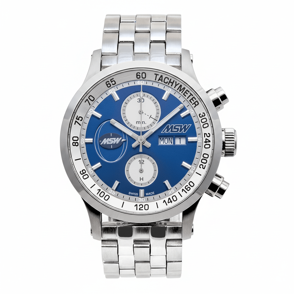 
                  
                    MSW Flanker Sport Bleu – Chronographe Automatique Bracelet Métal 5 Maillons - MSW My Swiss Watch
                  
                