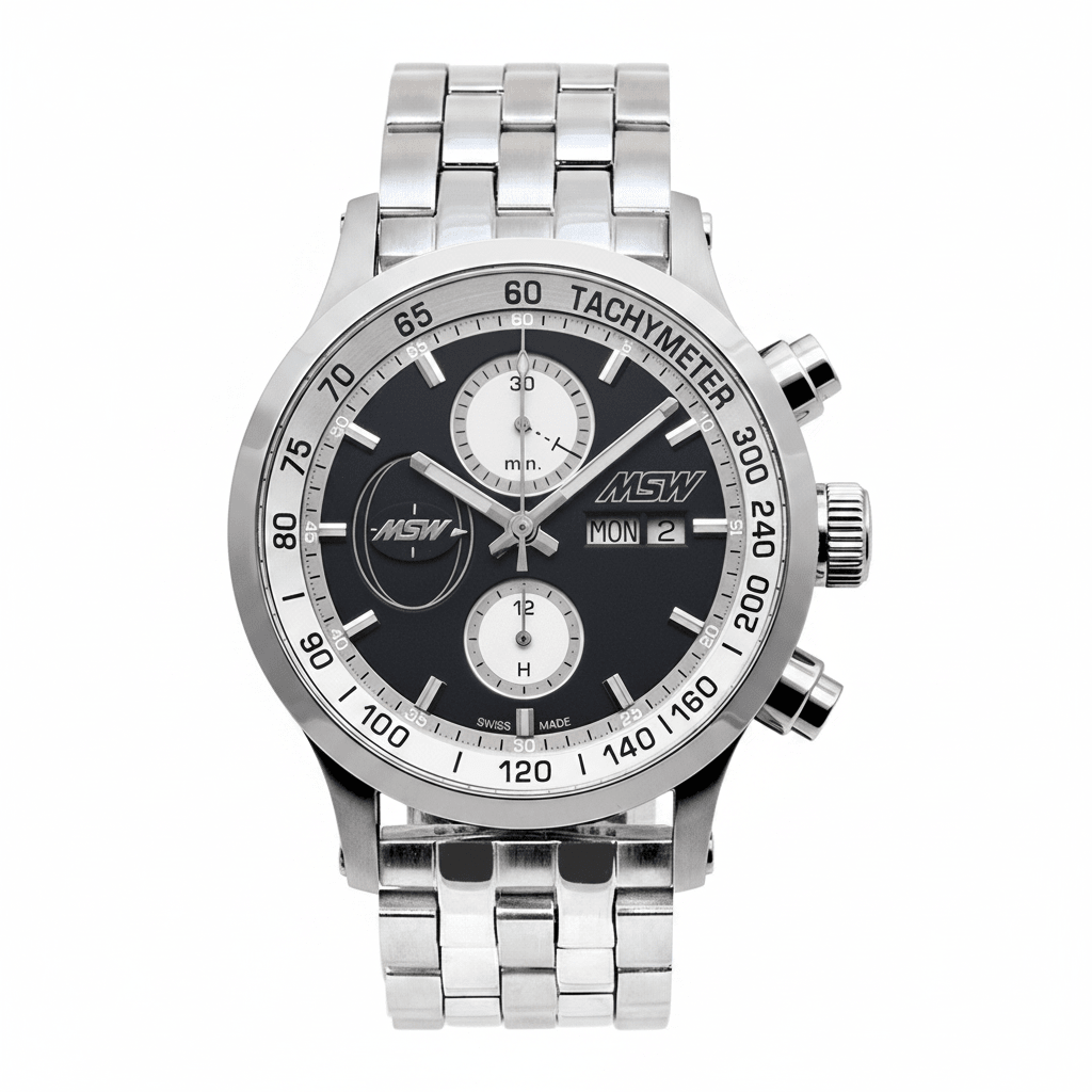 
                  
                    MSW Flanker Sport Noir – Chronographe Automatique Bracelet Métal 5 Maillons - MSW My Swiss Watch
                  
                