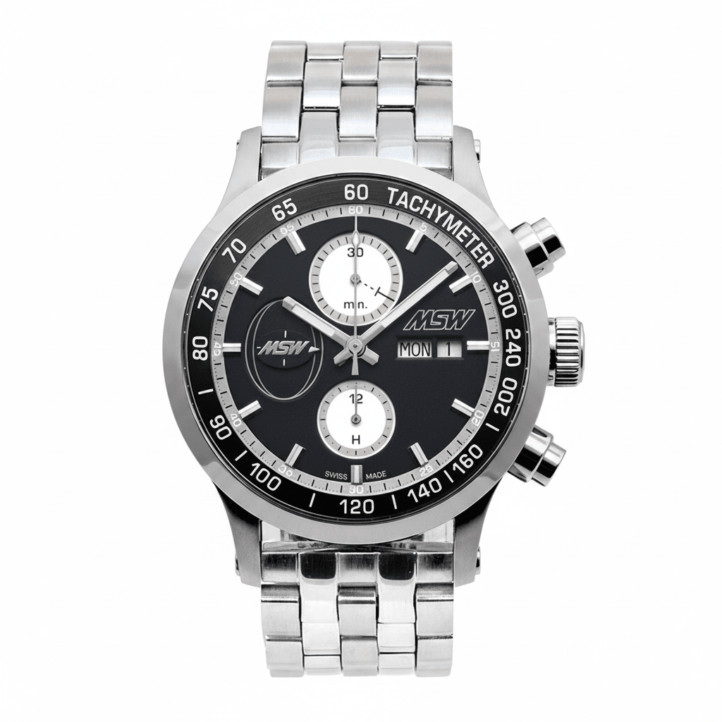 MSW Flanker Sport Noir Tachymètre – Chronographe Automatique Bracelet Métal 5 Maillons - MSW My Swiss Watch