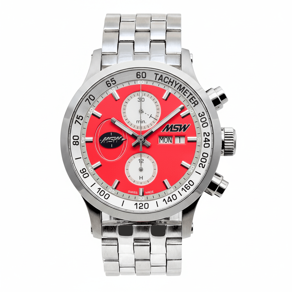 
                  
                    MSW Flanker Sport Rouge – Chronographe Automatique Bracelet Métal 5 Maillons - MSW My Swiss Watch
                  
                