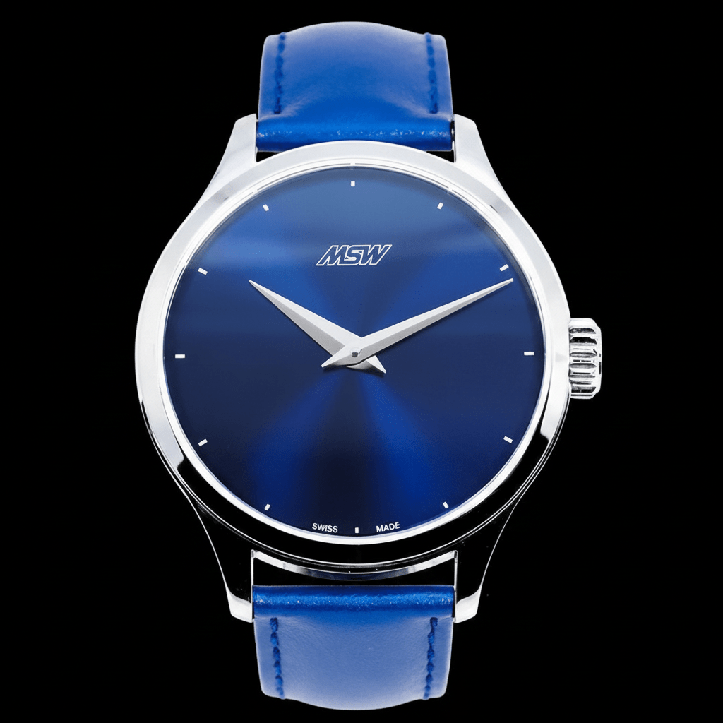 MSW Pure Design – Montre Boîtier Argenté Cadran Bleu Bracelet Cuir Bleu - MSW My Swiss Watch