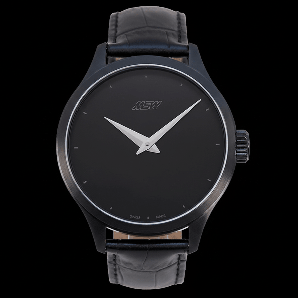 MSW Pure Design – Montre Full Black Boîtier Noir Cadran Noir Cuir Croco - MSW My Swiss Watch