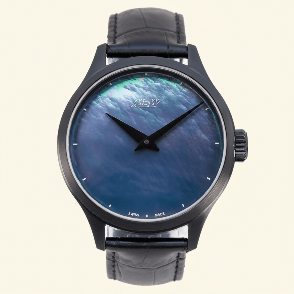MSW Nacre Bleu – Montre Cadran Nacre Blanc Bracelet Cuir Noir Étanche - MSW My Swiss Watch