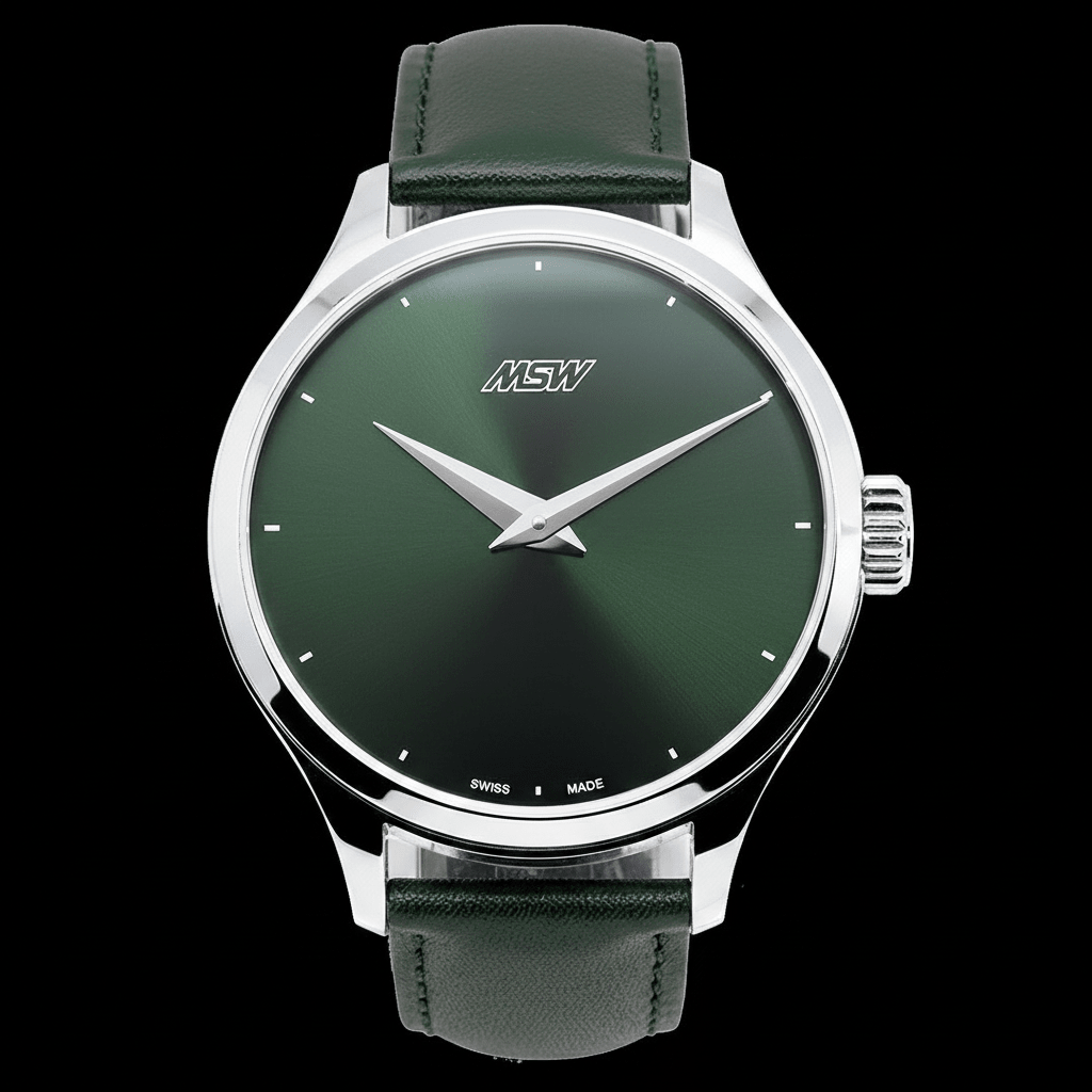 MSW Pure Design – Montre Boîtier Argenté Cadran Vert Bracelet Cuir Vert - MSW My Swiss Watch