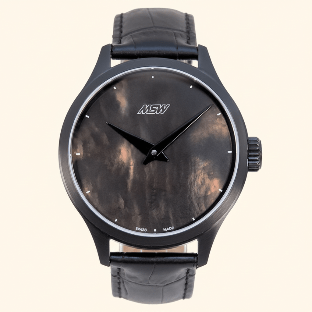 MSW Nacre Noir – Montre Cadran Nacre Blanc Bracelet Cuir Noir - MSW My Swiss Watch