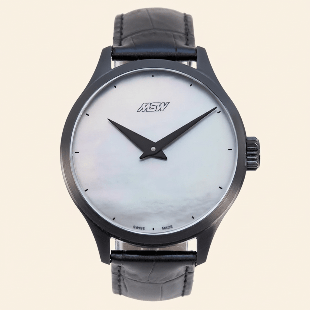 MSW Nacre Blanche – Montre Cadran Nacre Blanc Bracelet Cuir Noir Étanche - MSW My Swiss Watch