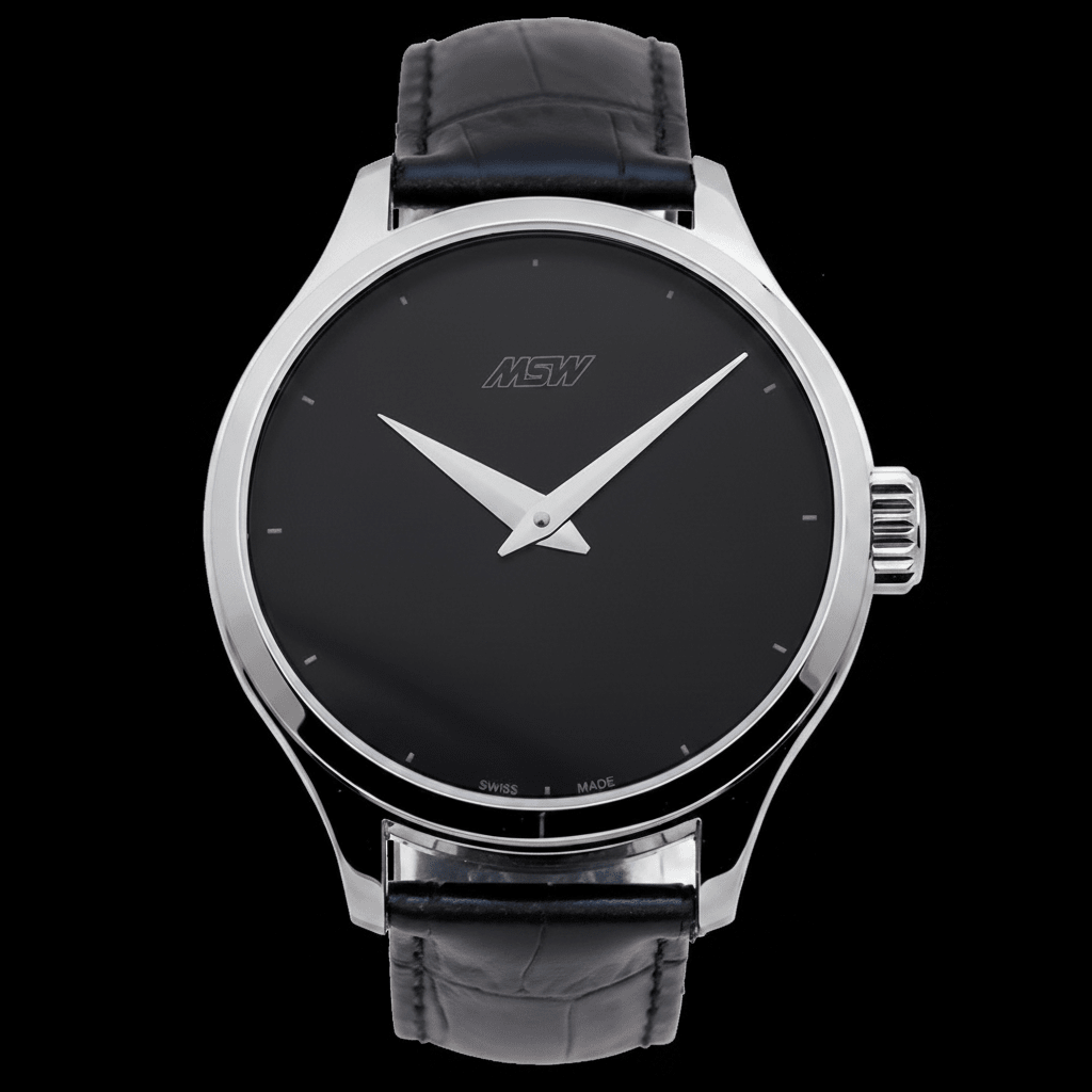 MSW Pure Design – Montre Boîtier Argent Cadran Noir Cuir Croco - MSW My Swiss Watch