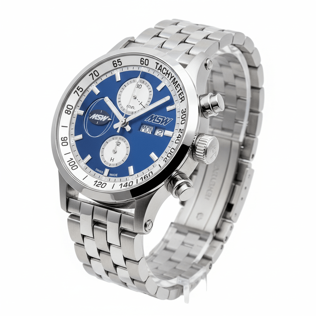 
                  
                    MSW Flanker Sport Bleu – Chronographe Automatique Bracelet Métal 5 Maillons - MSW My Swiss Watch
                  
                