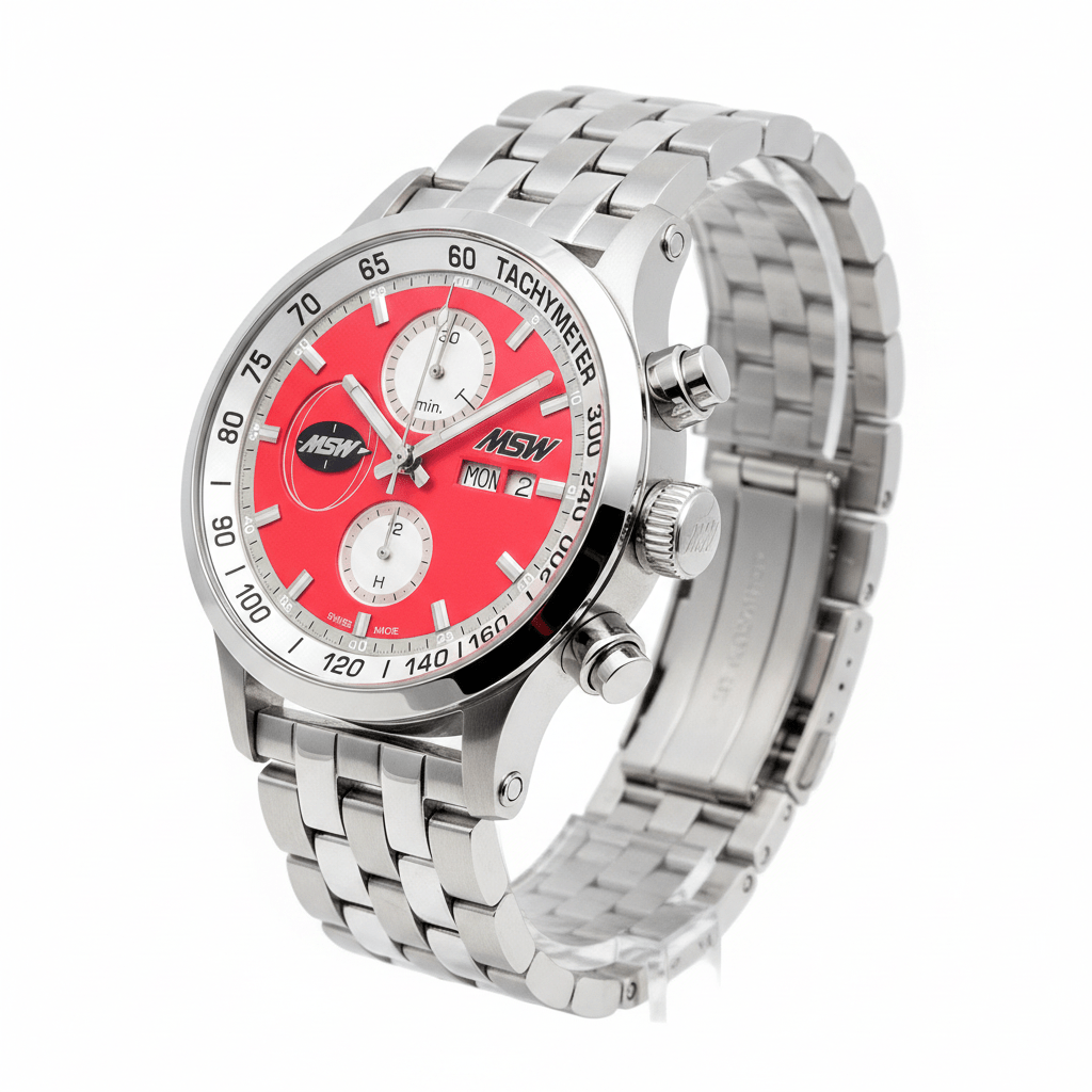 
                  
                    MSW Flanker Sport Rouge – Chronographe Automatique Bracelet Métal 5 Maillons - MSW My Swiss Watch
                  
                