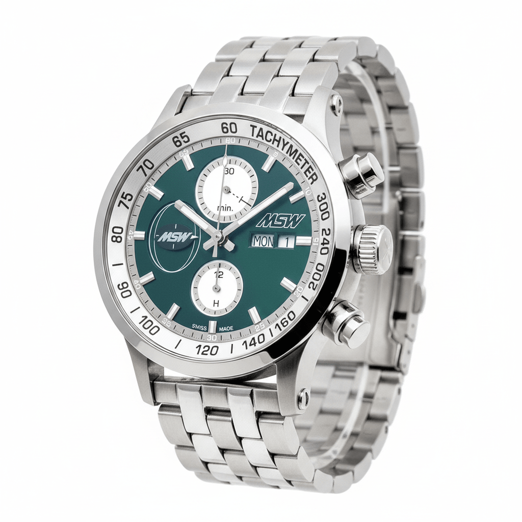 
                  
                    MSW Flanker Sport Vert – Chronographe Automatique Bracelet Métal 5 Maillons - MSW My Swiss Watch
                  
                