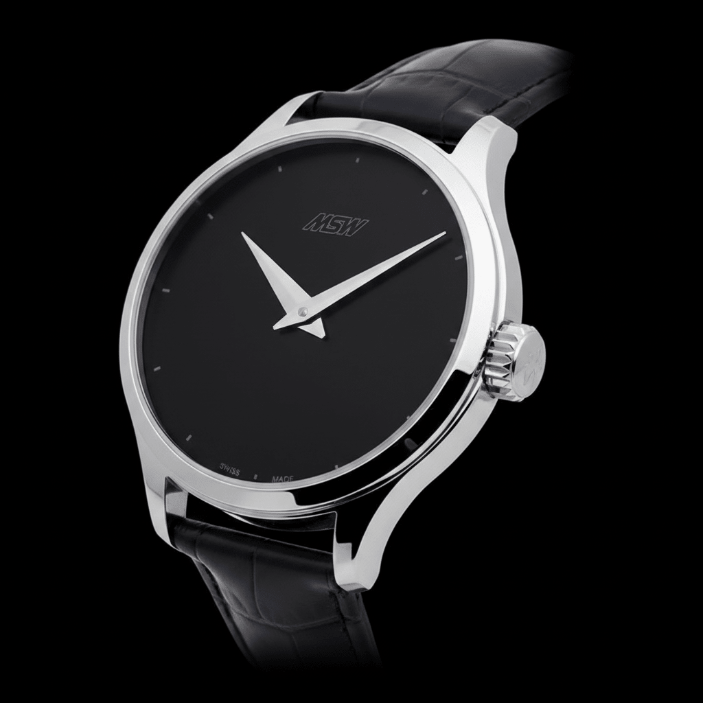 
                  
                    MSW Pure Design – Montre Boîtier Argent Cadran Noir Cuir Croco - MSW My Swiss Watch
                  
                