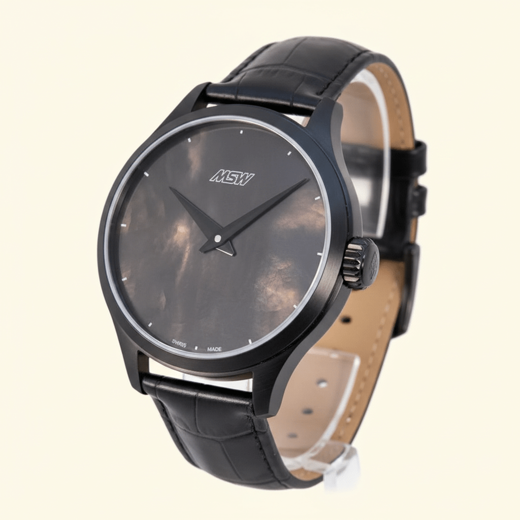 
                  
                    MSW Nacre Noir – Montre Cadran Nacre Blanc Bracelet Cuir Noir - MSW My Swiss Watch
                  
                