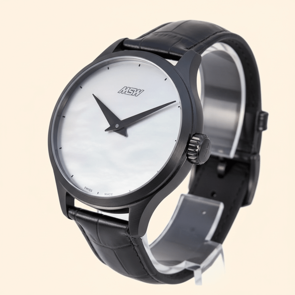 
                  
                    MSW Nacre Blanche – Montre Cadran Nacre Blanc Bracelet Cuir Noir Étanche - MSW My Swiss Watch
                  
                