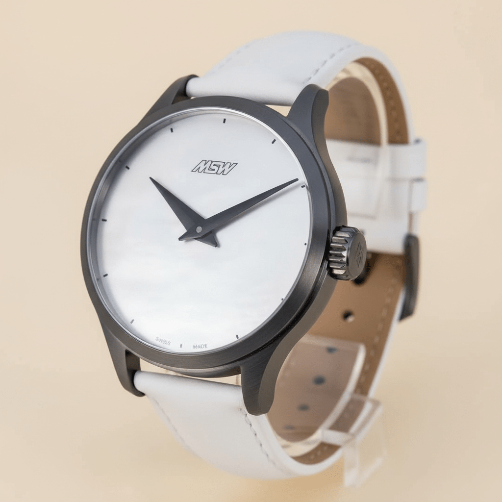 
                  
                    MSW Nacre Blanche – Montre Cadran Nacre Blanc Bracelet Cuir Blanc - MSW My Swiss Watch
                  
                