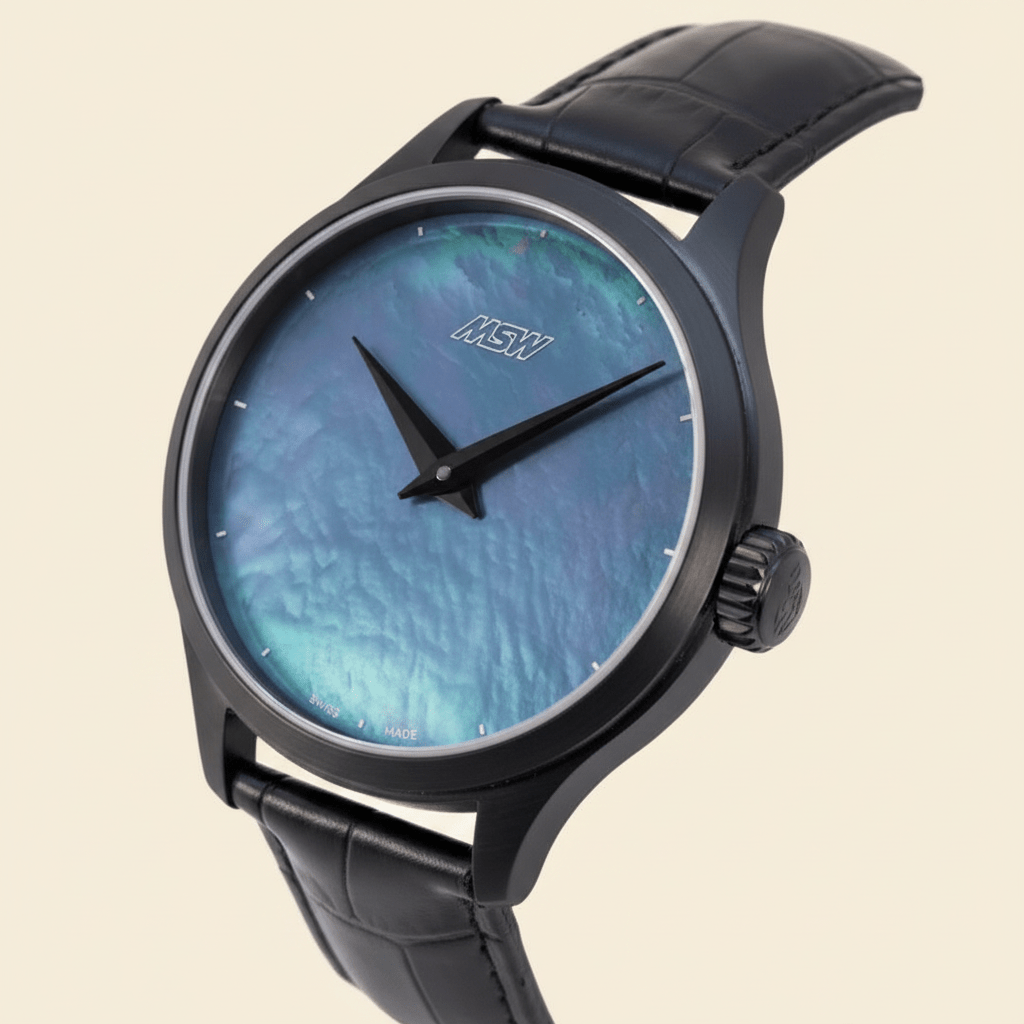 
                  
                    MSW Nacre Bleu – Montre Cadran Nacre Blanc Bracelet Cuir Noir Étanche - MSW My Swiss Watch
                  
                