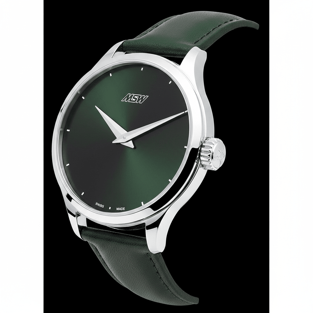 
                  
                    MSW Pure Design – Montre Boîtier Argenté Cadran Vert Bracelet Cuir Vert - MSW My Swiss Watch
                  
                