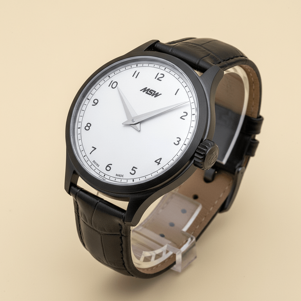 
                  
                    MSW Grandad's Line – Montre Vintage Boîtier Noir Cadran Argent Cuir Croco - MSW My Swiss Watch
                  
                