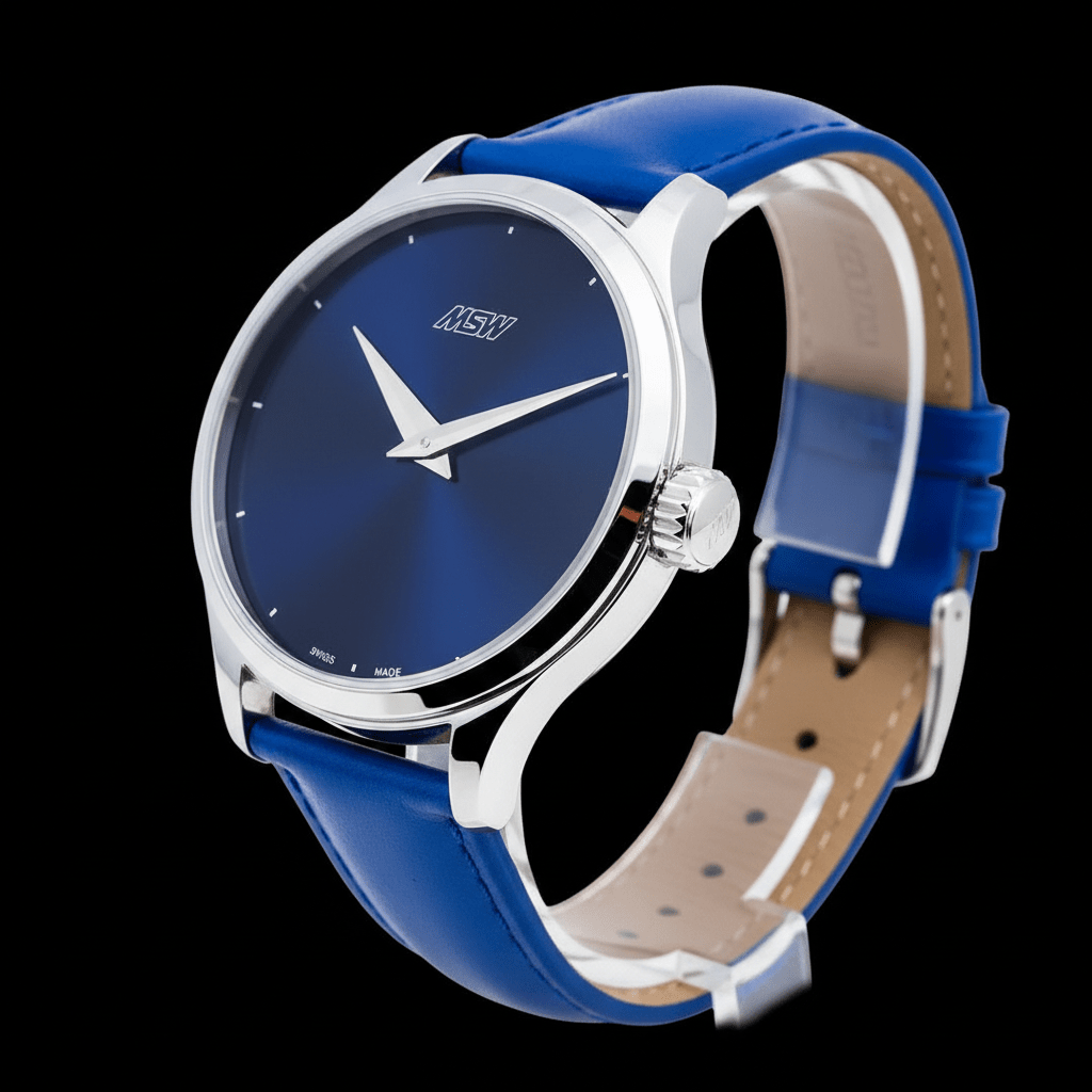 
                  
                    MSW Pure Design – Montre Boîtier Argenté Cadran Bleu Bracelet Cuir Bleu - MSW My Swiss Watch
                  
                