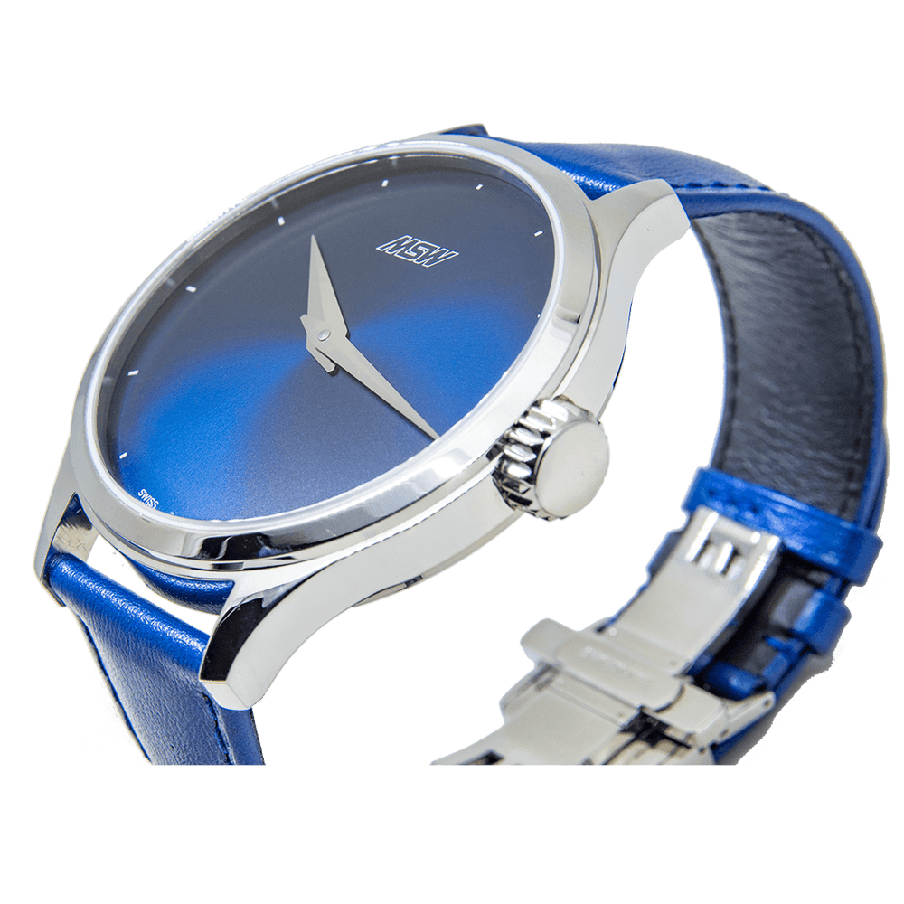 
                  
                    Pure Design - boite argentée - cadran bleu - MSW My Swiss Watch
                  
                