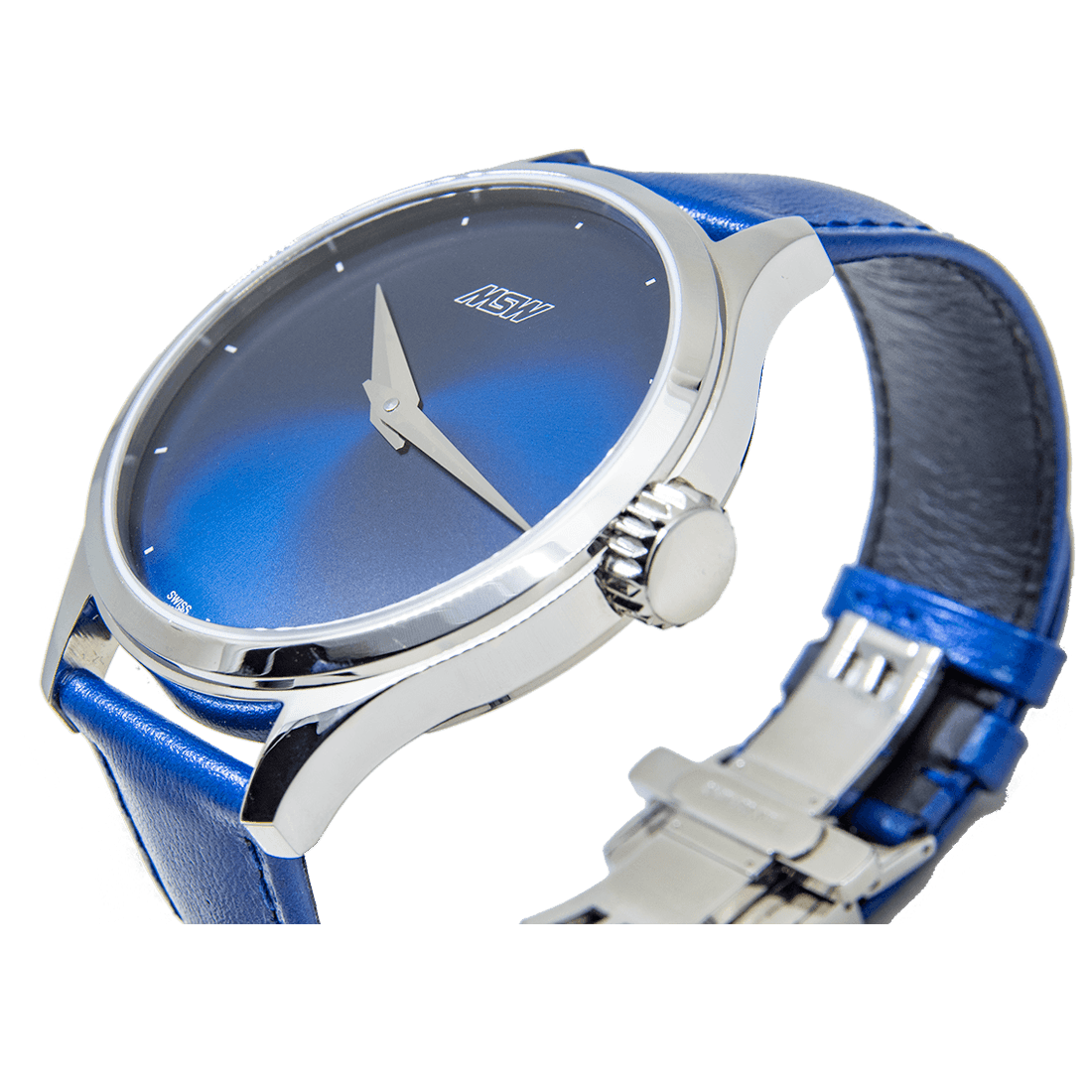 
                  
                    Pure Design - boite argentée - cadran bleu - MSW My Swiss Watch
                  
                